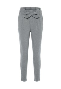 Szare spodnie z elastycznym pasem i detalem w postaci sznurka, tapered design, kieszeniami po bokach oraz miękkim, teksturowanym materiałem.