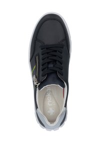 Black leather sneaker with grey accents, white sole, lace-up design, and decorative zipper. Inside features cushioning and extra width.