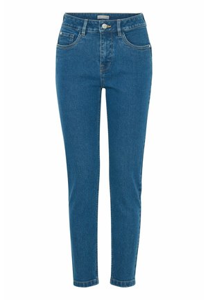 Jean en denim bleu avec une coupe slim, taille haute et cinq poches. Comporte une fermeture à bouton et des coutures orange.