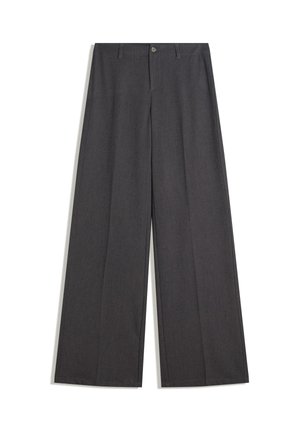 Weite Hosen aus dunkelgrauem Stoff mit Knopfverschluss, Gürtelschlaufen und einer glatten Textur sowie einem maßgeschneiderten Design.