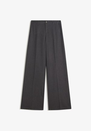 Weite Hosen aus dunkelgrauem Stoff mit Knopfverschluss, Gürtelschlaufen und einer glatten Textur sowie einem maßgeschneiderten Design.