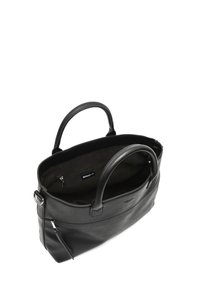 Črna usnjena torba za čez ramo z dvojnima ročaji, z glavnim predalom na zadrgo in zunanjim stranskim žepom. Mehka tekstura, minimalističen dizajn.