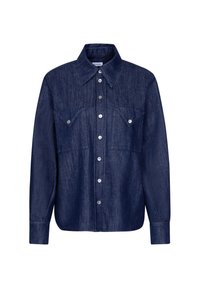 Chemise en denim bleu foncé à manches longues, avec patte de boutonnage sur le devant, col pointu et deux poches poitrine avec rabats boutonnés.