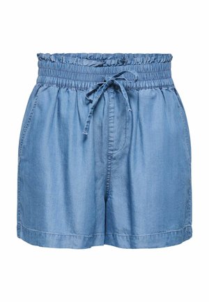 Lichtblauwe denimshorts met geplooide elastische tailleband en een vooraan gebonden trekkoord, met zijzakken en een losse pasvorm.