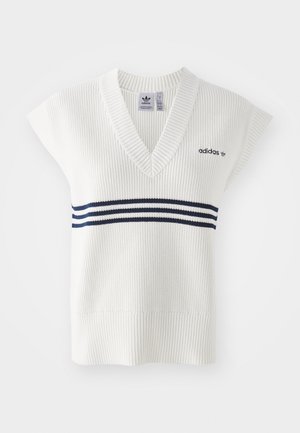 Valge ribakudumiga särk V-kaelusega, lühikeste varrukatega ja tumesiniste horisontaalsete triipudega rinnaosas. Omab Adidas'i logo.