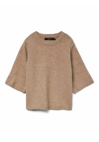 Beige gebreide sweater met een ronde halslijn en losse driekwartmouwen. Zachte textuur en geribbelde manchetten, met een ontspannen pasvorm.