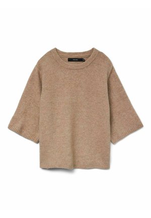 Pull en tricot beige avec un col rond et des manches trois-quarts amples. Texture douce et cuffs côtelés, offrant une coupe décontractée.