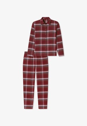 Bawełniana piżama w czerwoną i białą kratkę. Zawiera koszulę z długim rękawem zapinaną na guziki oraz spodnie z elastycznym pasem.