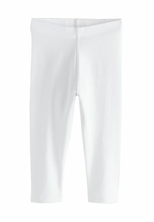 Weiße Leggings aus dehnbarem Baumwollmix. Sie verfügen über eine glatte Textur, ein knöchellanges Design und einen elastischen Bund.