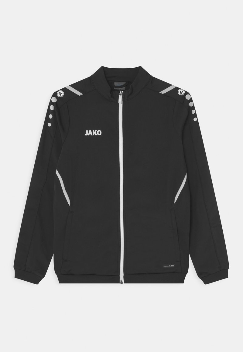 Schwarze Sportjacke mit Reißverschluss, silbernen Akzenten und einem Logo. Verfügt über Schulterknöpfe und seitliche Taschen. Hergestellt aus glattem Stoff.