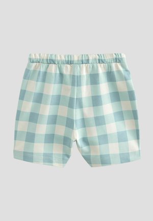 Ljusblå och vit rutiga shorts gjorda av mjukt tyg, med resårmidja och fållade ben.
