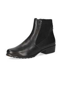 Bota de tobillo de cuero negro con un acabado suave, puntera redondeada, paneles laterales elásticos y un tacón bajo en bloque; presenta un botón de acento sutil.