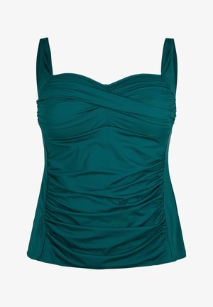 Teal zwemtop met een aansluitend ontwerp, met ruches aan de zijkanten en een bandloze, gestructureerde halslijn. Verstelbare banden verhogen het comfort.