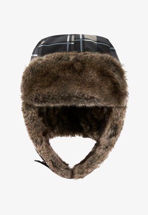 Black plaid hat with a faux fur lining and ear flaps. The exterior features a checkered pattern in grey and beige tones.