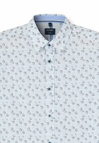 Light blue button-up shirt with a subtle butterfly pattern, short collar, and plastic buttons. Lightweight cotton fabric.