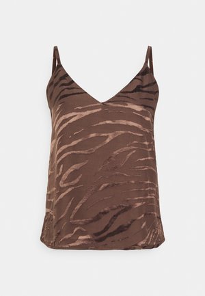 Brown sleeveless women's top with tiger stripe pattern and thin shoulder straps, displayed against a plain light background.
