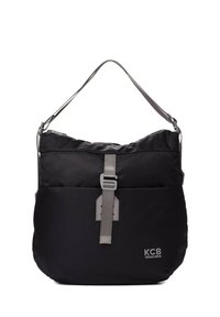 Bolso de hombro de cuero vegano negro con textura suave, correa ajustable, cierre superior con cremallera y logo KCB prominente en la parte frontal.
