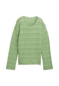 Grüner Strickpullover mit strukturiertem, offenem Muster und horizontalen Streifen. Er hat einen weiten Ausschnitt und lange Ärmel.