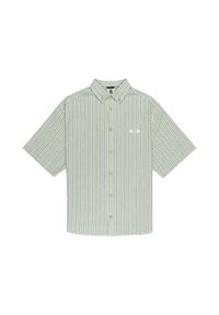 Korte mouw shirt met groene en witte verticale strepen, knoopsluiting kraag en een klein logo label op de linkerborst.