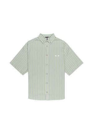 Korte mouw shirt met groene en witte verticale strepen, knoopsluiting kraag en een klein logo label op de linkerborst.