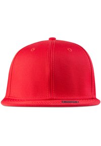 Red baseball cap made of fabric with a flat brim, structured crown, and ventilation eyelets. Features a logo patch on the front.