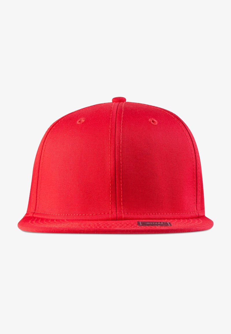 Red baseball cap made of fabric with a flat brim, structured crown, and ventilation eyelets. Features a logo patch on the front.