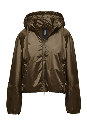 Giacca leggera marrone con cappuccio, chiusura frontale con zip, coulisse, maniche lunghe e tasche laterali, mostrata su sfondo bianco.