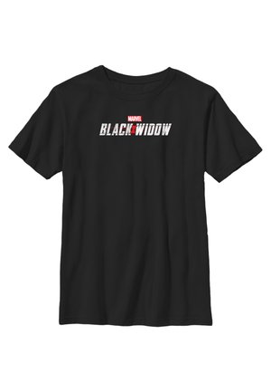 Sort t-shirt lavet af bomuld, prydet med et hvidt og rødt "MARVEL BLACK WIDOW" logo henover brystet med et iøjnefaldende grafisk design.