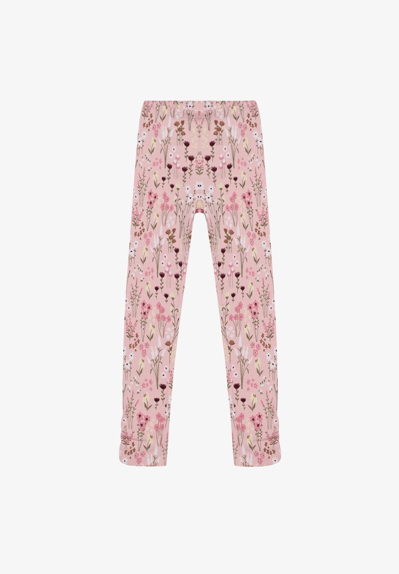 Rosa Leggings mit floralem Muster, die verschiedene Blumen in Weiß, Pink und Braun zeigen, hergestellt aus weichem, elastischem Material.