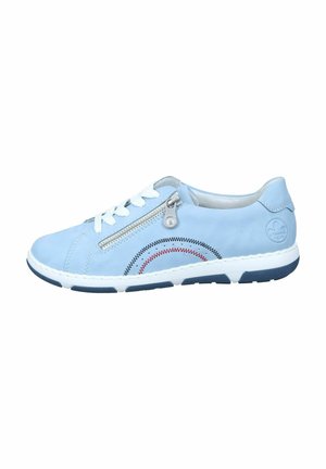 Light blue leather sneaker featuring white laces, silver zipper detail, and red and navy stitching accents on the side. Rubber sole.