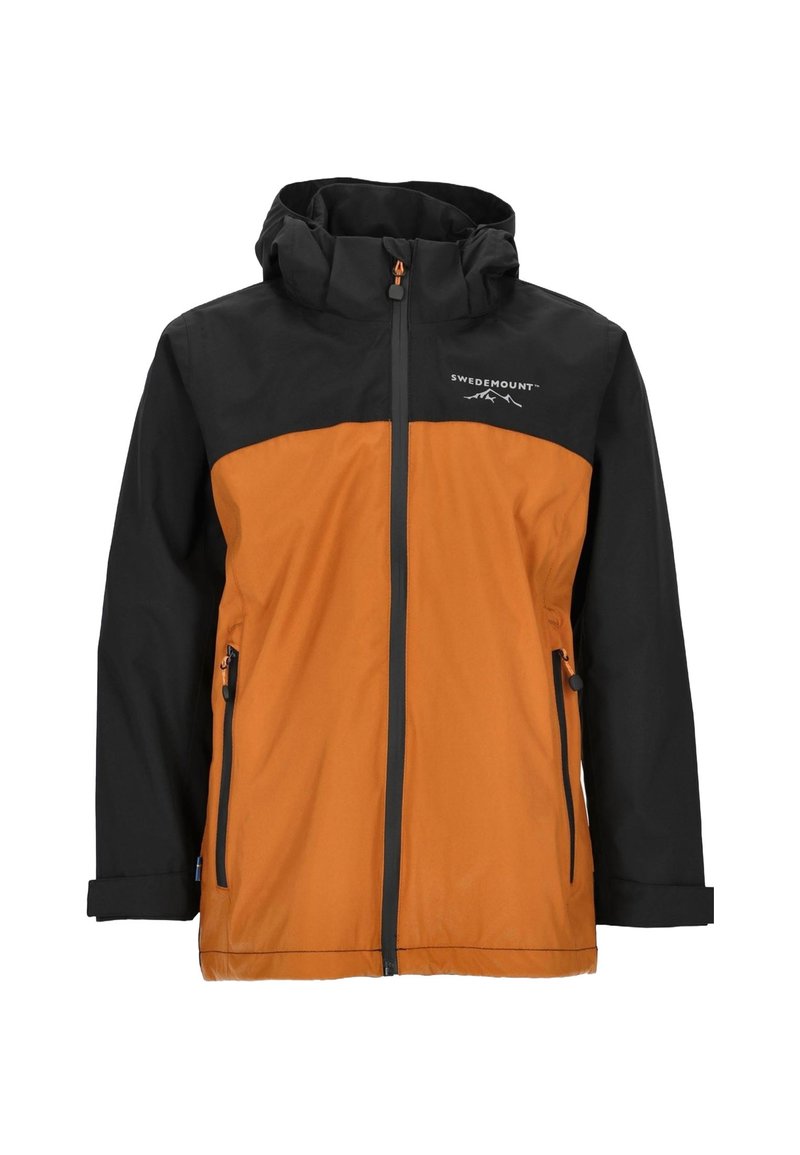 Water-resistant jacket with a black hood and sleeves, featuring an orange body. Includes zippered pockets and front zipper closure.