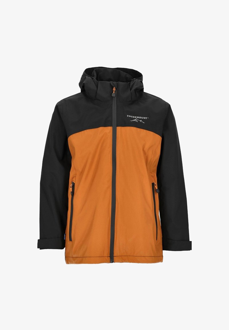Water-resistant jacket with a black hood and sleeves, featuring an orange body. Includes zippered pockets and front zipper closure.