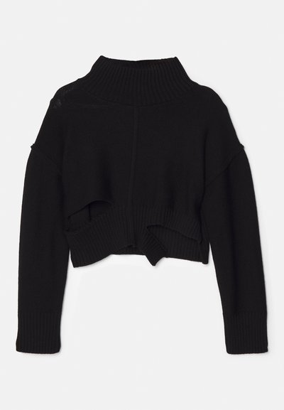 Suéter corto negro con un alto cuello acanalado, hombros caídos y un dobladillo con detalles recortados. Fabricado en suave tejido de punto.