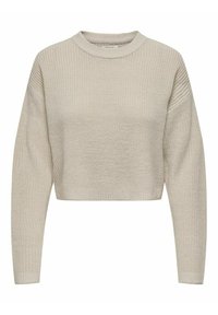 Licht beige cropped sweater met een textuur gebreide stof, ronde halslijn en lange mouwen. Heeft een losse pasvorm met geribde manchetten en zoom.