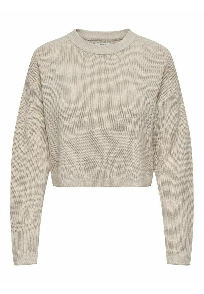 Licht beige cropped sweater met een textuur gebreide stof, ronde halslijn en lange mouwen. Heeft een losse pasvorm met geribde manchetten en zoom.