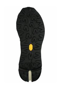 Musta kumipohja syvillä pito kuvioilla, jossa keskellä on näkyvä keltainen Vibram-logo ja kestävä, teksturoitu pinta.