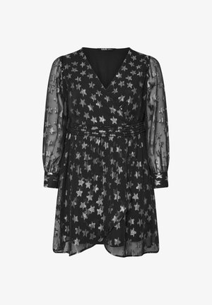 Abito nero a tubino con maniche lunghe trasparenti, caratterizzato da motivi a stelle argentate, scollatura a V e vita aderente per una silhouette definita.