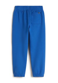 Blauwe fleece trainingsbroek met een elastische tailleband, taps toelopende benen en een achterzak met een stoffen label. Glad oppervlak, casual ontwerp.