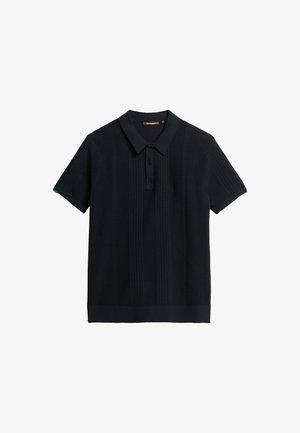 Zwart poloshirt met korte mouwen, gemaakt van gestructureerde brei-stof, met een kraag en een knoopsluiting met drie knopen en verticale ribgebreide details.
