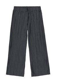 Grijze, geplooide wijde broek met een elastische tailleband en zachte textuur, voorzien van verticale ribbels voor extra visuele interesse.
