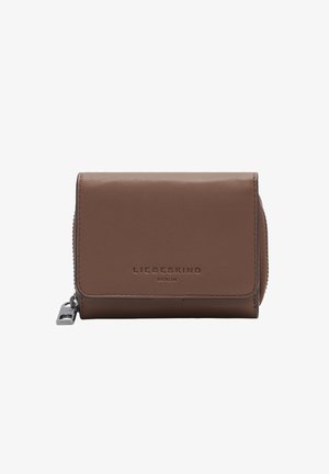 Brown leather wallet with a smooth texture, zip closure, and embossed logo; compact design with a folding flap and silver hardware accent.