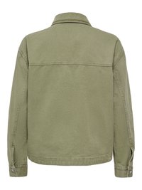 Veste en denim vert olive coupe droite vue de dos avec manches longues, poignets boutonnés et col.