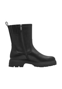 Botas de cuero negras hasta el tobillo con un cierre de cremallera lateral, detalles de panel texturizado y una suela gruesa y estriada para mayor tracción. Acabado liso y mate.