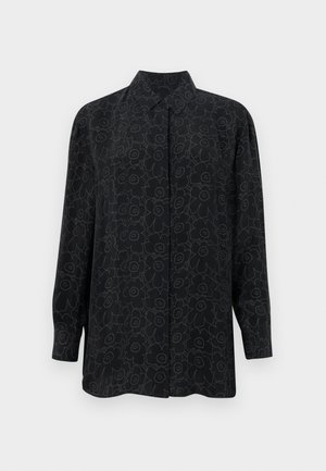 Black long-sleeve shirt with a collar, featuring a floral outline pattern in dark gray. Made of smooth fabric with a relaxed fit.