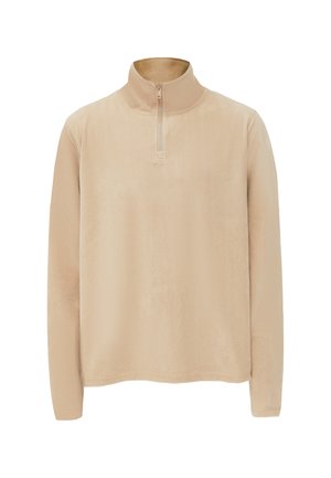 Beige fleece pullover met een half-rits kraag, lange mouwen en een gladde textuur. Heeft een eenvoudig ontwerp zonder patronen of versieringen.