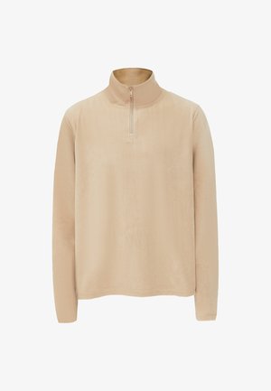 Beige fleecepullover med en halvlynlås-krave, lange ærmer og glat tekstur. Har et ensfarvet design uden mønstre eller udsmykninger.