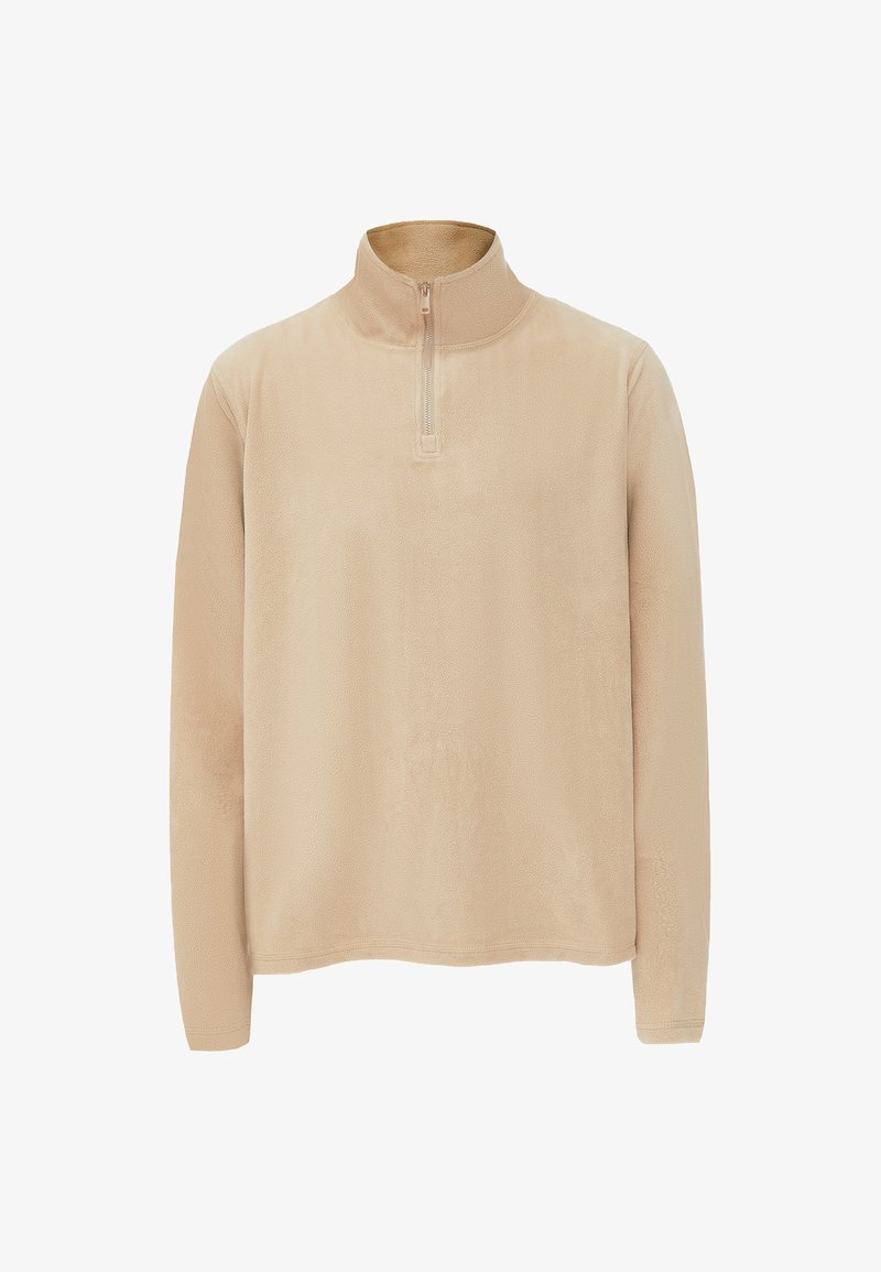 Beiger Fleece-Pullover mit einem halben Reißverschluss am Kragen, langen Ärmeln und glatter Textur. Hat ein schliches Design ohne Muster oder Verzierungen.
