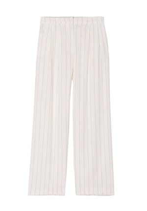 Brede broek van crème stof, met dunne verticale beige strepen, voorplooien en een elastische tailleband voor een comfortabele pasvorm.