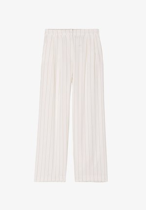 Vide ben bukser i cremefarvet stof med tynde lodrette beige striber, frontfolder og en elastisk talje for en afslappet pasform.