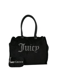 Borsa in camoscio nero con doppi manici, caratterizzata da un logo "Juicy" in strass scintillanti. Include una piccola pochette con cerniera con la scritta "Juicy Couture".
